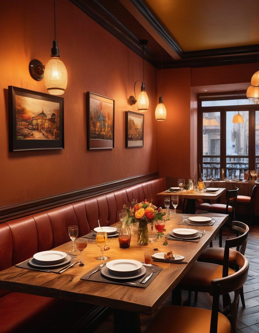 A cozy restaurant scene featuring a beautifully set dining table with an elegant gourmet dish, vibrant cocktails on a bar nearby, and warm ambient lighting. Include friendly diners enjoying the atmosphere, with an inviting wall art that showcases various global cuisines. Emphasize a sense of community and enjoyment. super-realistic. warm colors. cozy atmosphere.