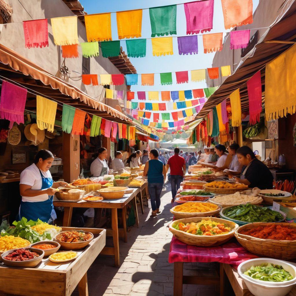 A vibrant street market scene showcasing colorful stalls filled with traditional Mexican dishes like tacos, enchiladas, and tamales. Brightly decorated papel picado flags flutter in the background, while diverse people savoring food and engaging in laughter create a lively atmosphere. The setting is bathed in warm sunlight, highlighting the rich textures and colors of the cuisine. watercolor style. vibrant colors. lively composition.
