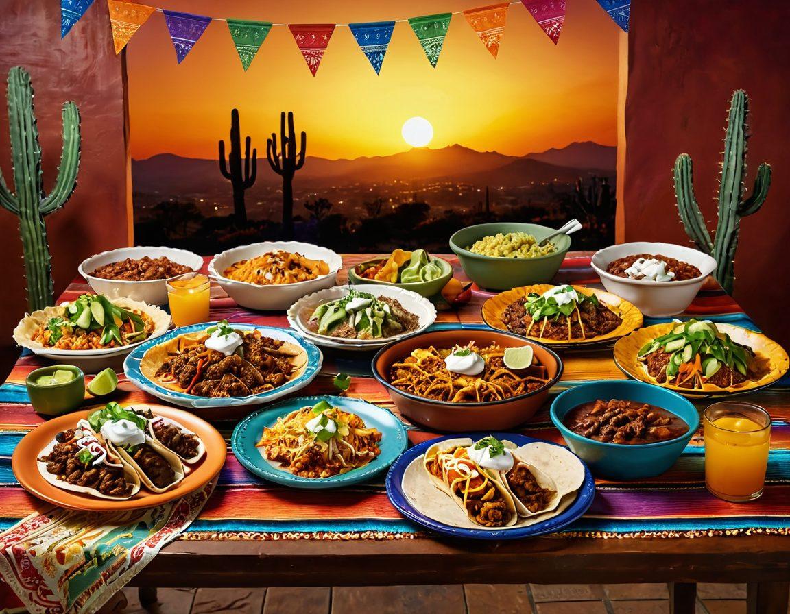 A vibrant, colorful Mexican dining setting featuring a table laden with delicious tacos and enchiladas, surrounded by joyful families enjoying their meal together. Decorate the background with traditional Mexican motifs like papel picado and cacti, and add a warm sunset glow to enhance the atmosphere. super-realistic. vibrant colors. inviting ambiance.